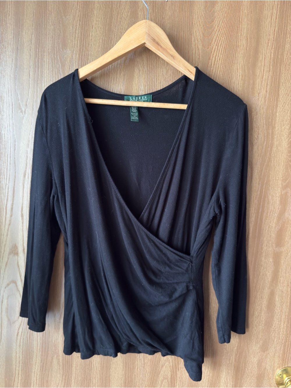 Lauren Ralph Lauren Black Faux Wrap Top Petite Large Stretch